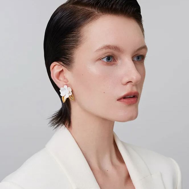 Camellia Collection Flower With Leaf Studs Earrings White Enamel