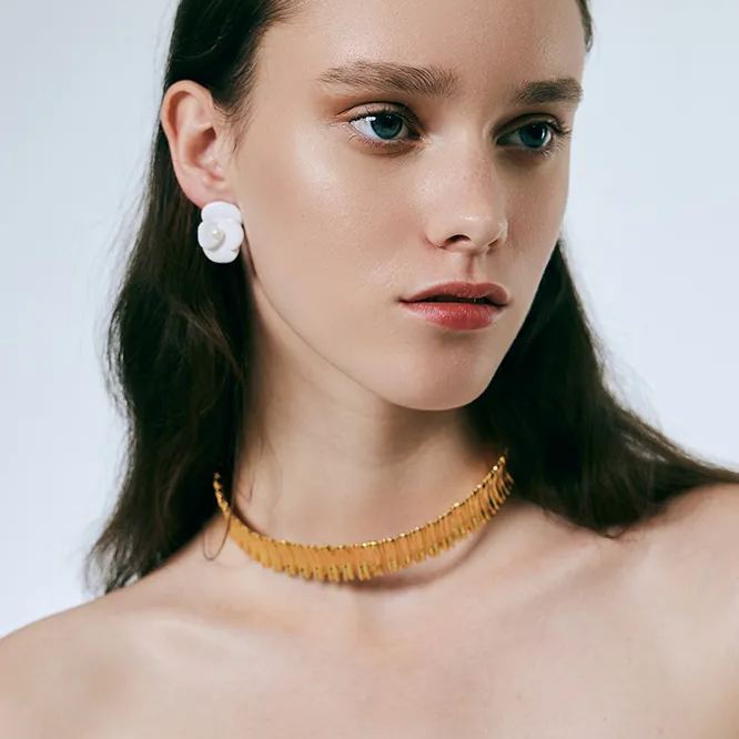 Corn Poppy Collection White Flower Pearl Enamel Earrings