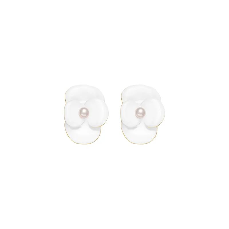Corn Poppy Collection White Flower Pearl Enamel Earrings