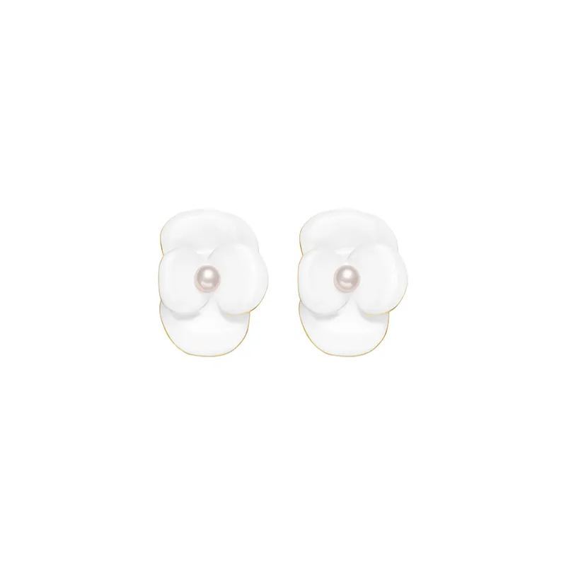 Corn Poppy Collection White Flower Pearl Enamel Earrings