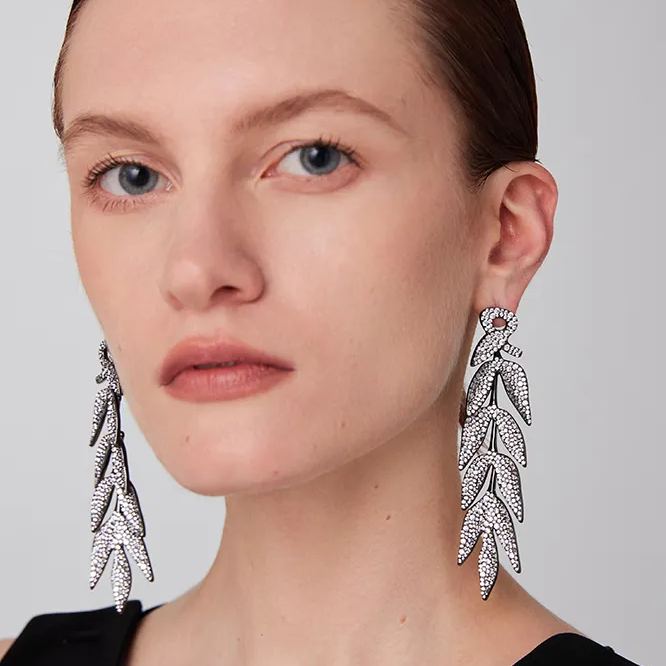 Bamboo Collection Ten Bamboo Leaves Tassel Earrings Full Of Diamonds