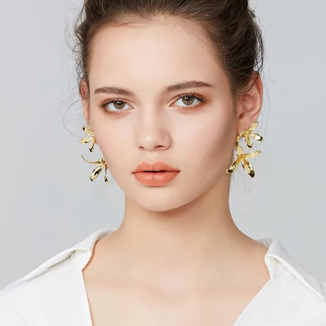 Orchids Collection Bifloral Drop Earrings 14k Gold Plated