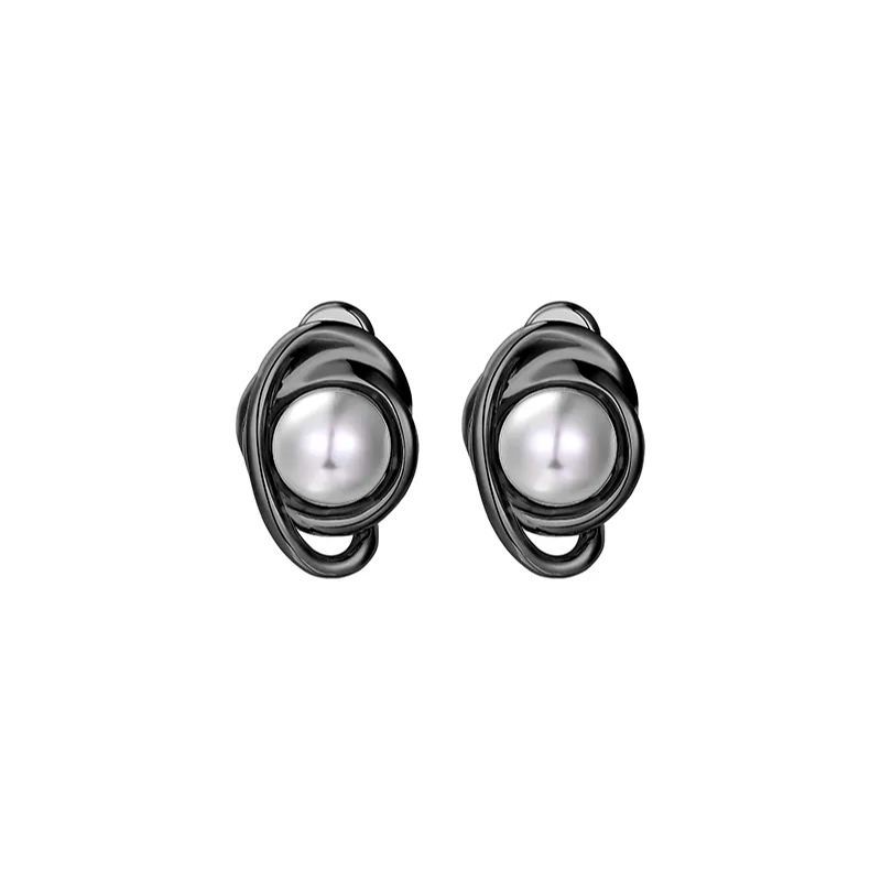 Curvilinear Collection Black Pearl Brass Stud Earrings