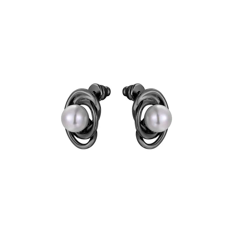 Curvilinear Collection Black Pearl Brass Stud Earrings