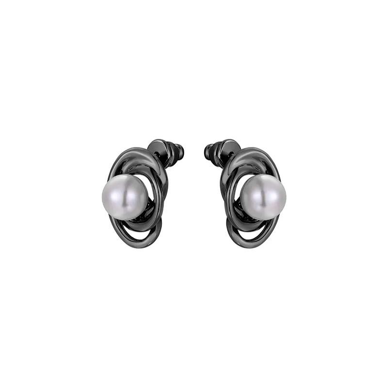 Curvilinear Collection Black Pearl Brass Stud Earrings