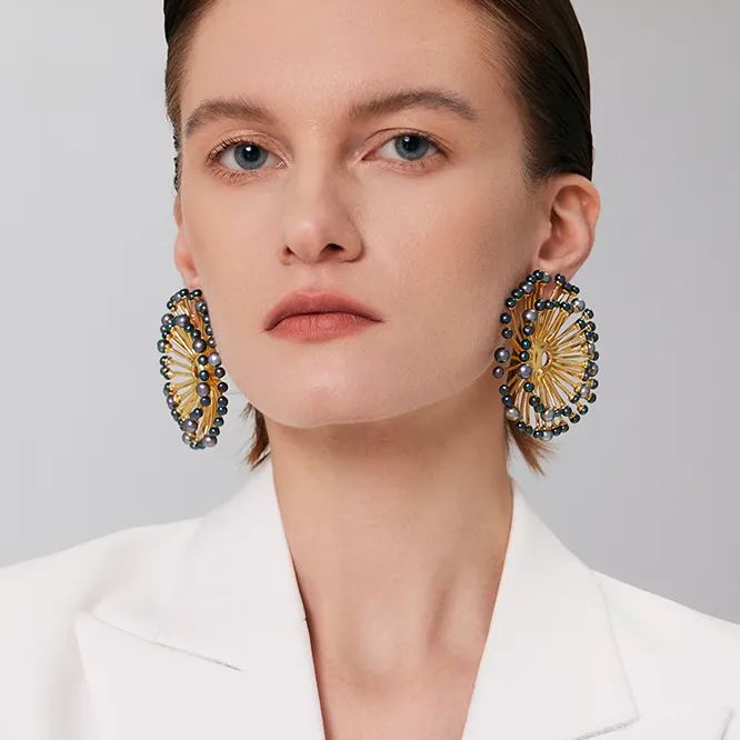 Eucalyptus Collection Double Layer Flower Multi-pearl Earrings