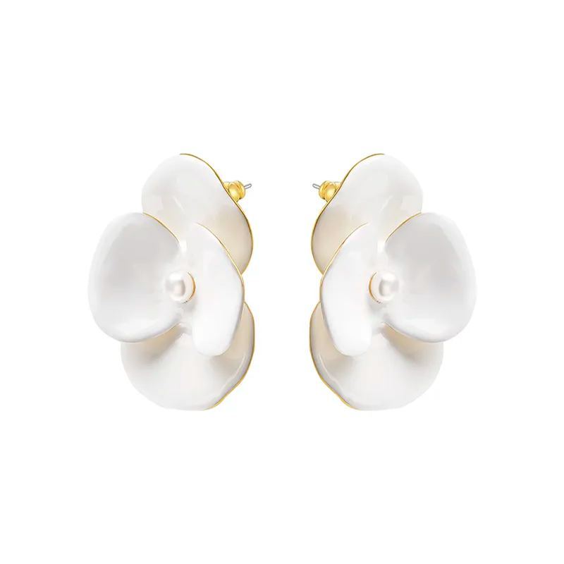 Corn Poppy Collection White Flower Pearl Earrings Large