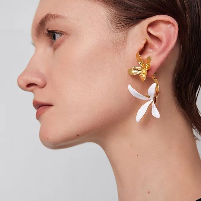 Orchids Collection White And Golden Bifloral Drop Earrings