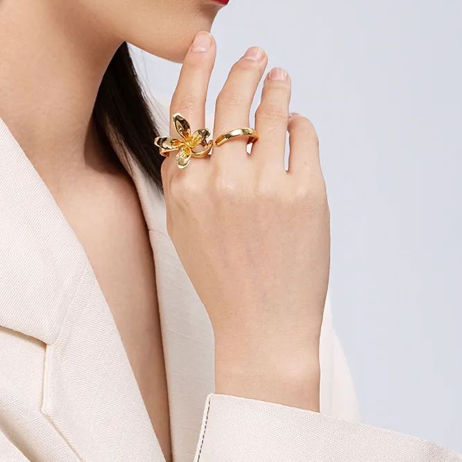 Orchids Collection Double Finger Ring With Flower Free Size