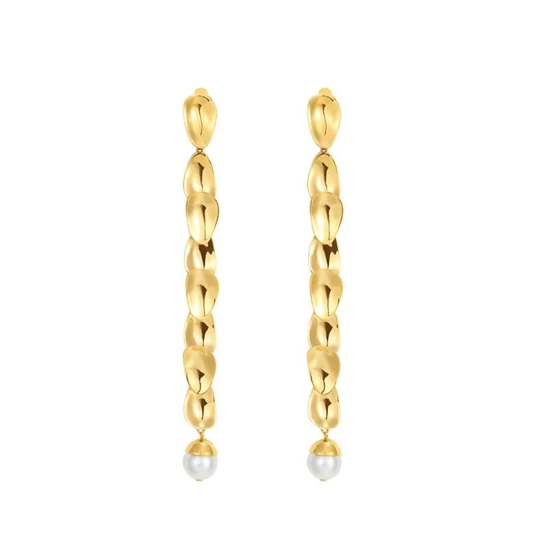 Petals Collection Eight Petals Golden Tassel Ear Clips With Pearls