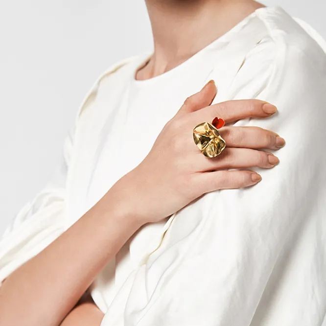 Morning Glory Collection Bifloral Ring With Red Enamel Size 13