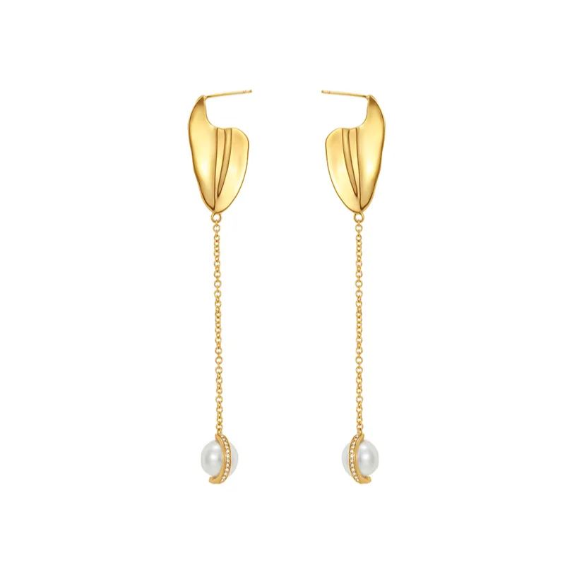 Petals Collection Petal Tassel Golden Earrings With Pearl Crystal