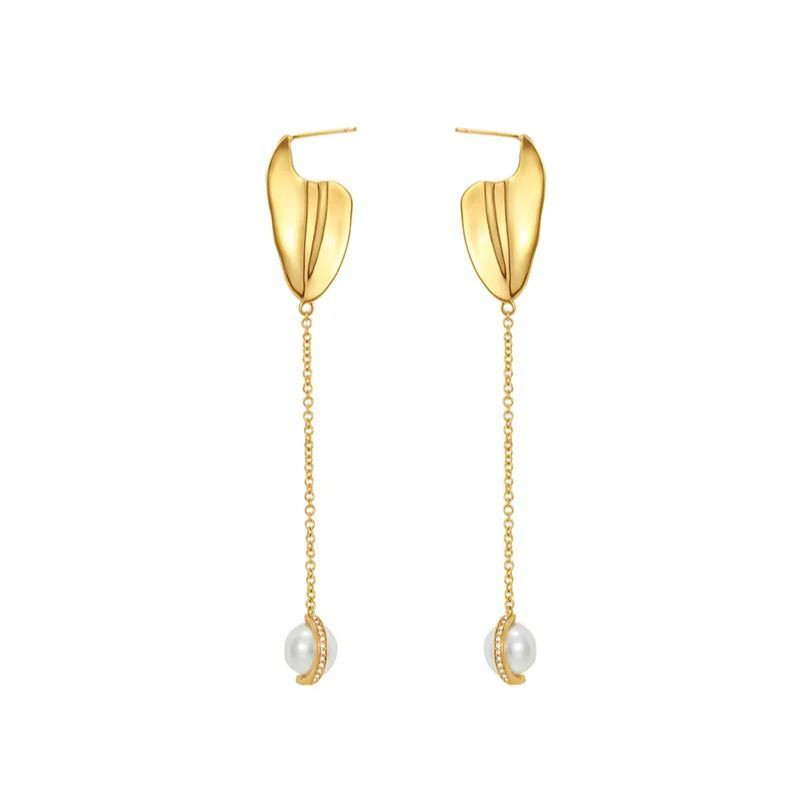 Petals Collection Petal Tassel Golden Earrings With Pearl Crystal