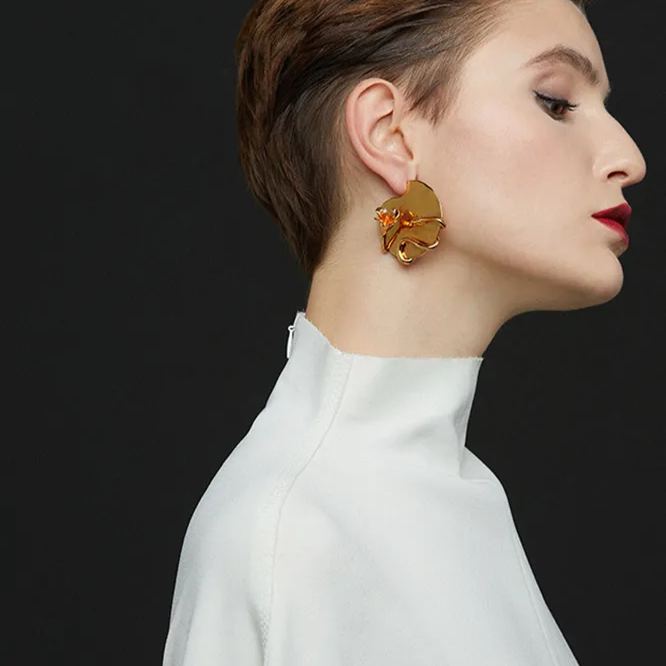 Tulip Collection Flower Ear Hook With White 
Corundum