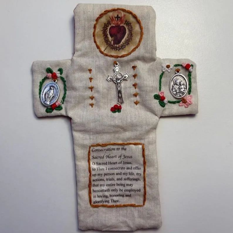 Handmade Catholic Pocket Shrine with Silver Cross Included - Sacred Heart of Jesus, Prayer Aid, Devotional