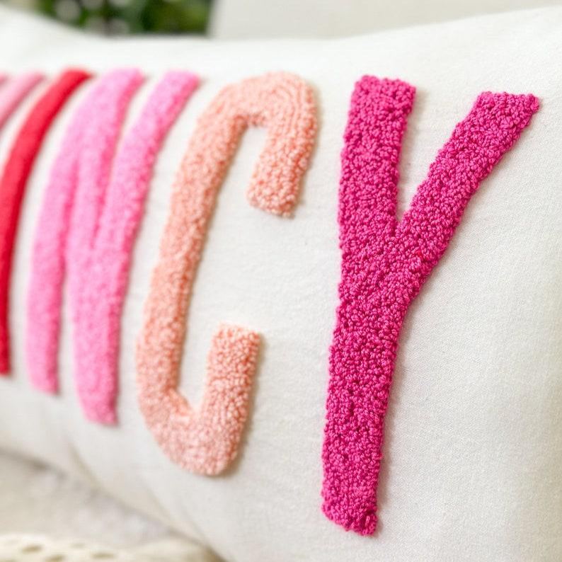 Personalized Baby Girl Room Name Pillow Cover, Baby Girl Nursery Pillow Case, Punch Needle, Girl Kid Gift, Dorm Gift, Graduation Gift - soufeelus