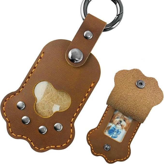 Dog Cat Paw Shaped Keychain Pet Memorial Gift Keyring Full Grain Leather Handmade Key Holder with Photo Frame
