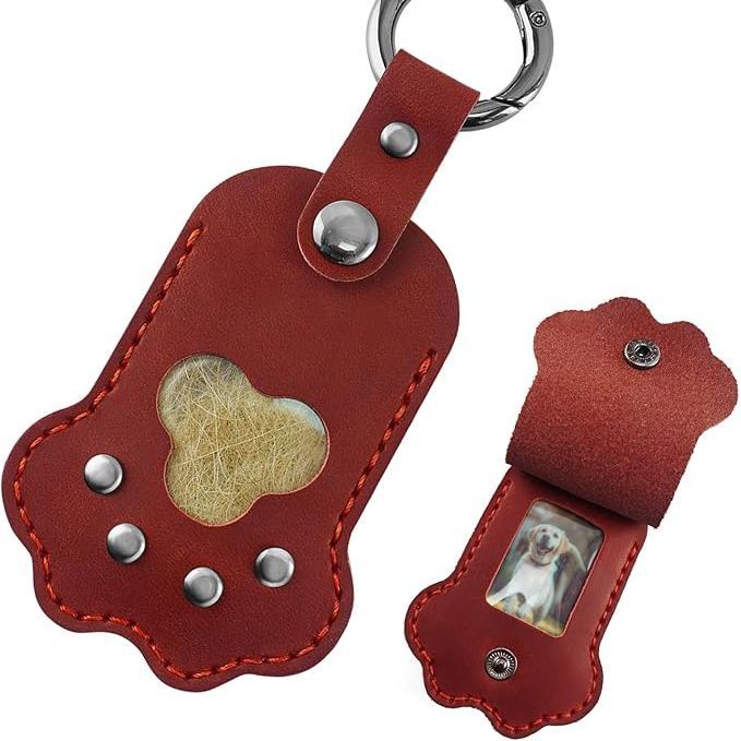 Dog Cat Paw Shaped Keychain Pet Memorial Gift Keyring Full Grain Leather Handmade Key Holder with Photo Frame