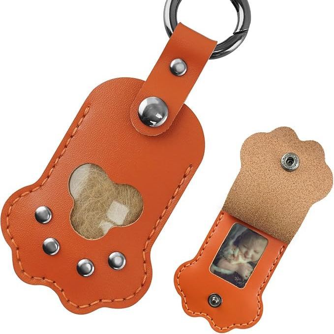 Dog Cat Paw Shaped Keychain Pet Memorial Gift Keyring Full Grain Leather Handmade Key Holder with Photo Frame
