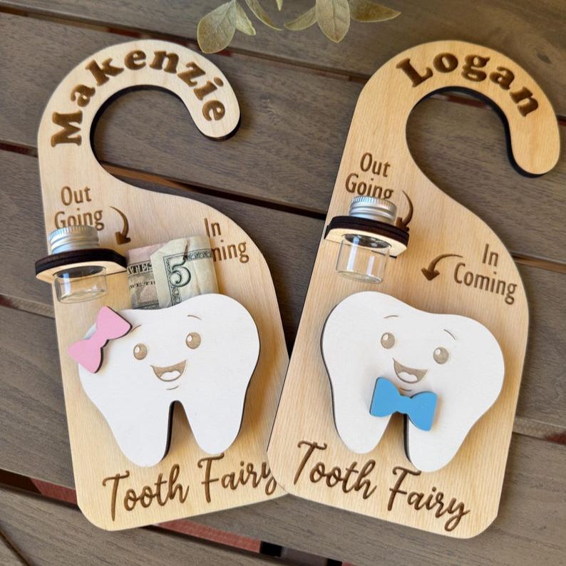 Personalized Tooth Fairy Door Hanger Custom Name Tooth Holder with Jar and Money Slot Kids Tooth Fairy Gift for Boys and Girls