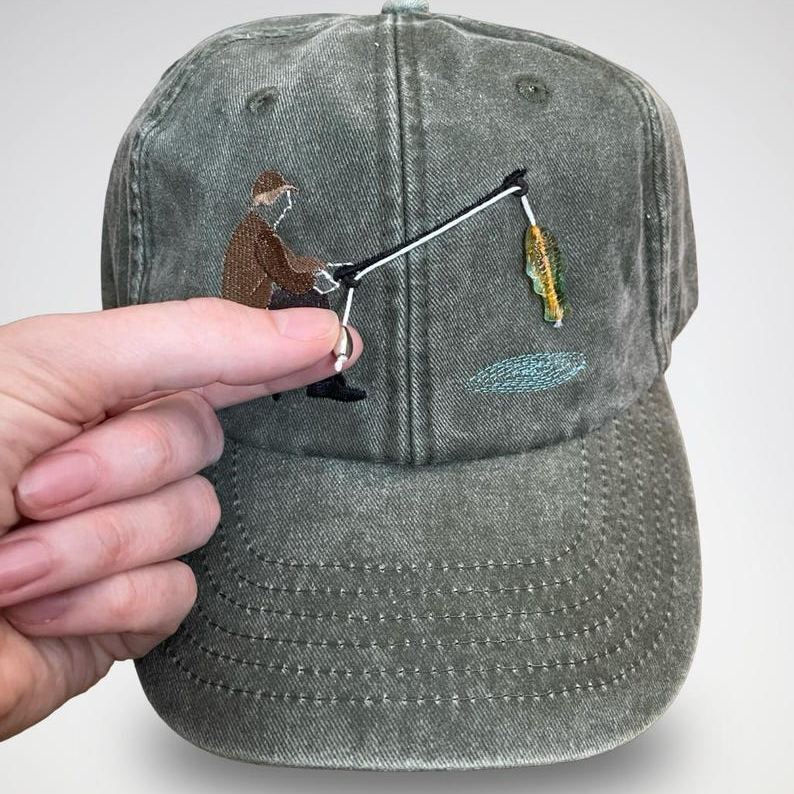 Embroidered Fisherman Hat with Pull-Up Glass Fish Man Fishing Hat Gift for Anglers Interactive Fishing Cap Unique Gift for Anglers