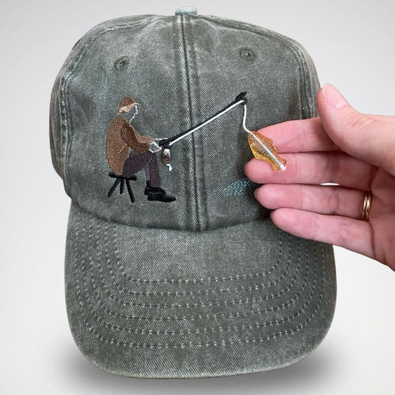 Embroidered Fisherman Hat with Pull-Up Glass Fish Man Fishing Hat Gift for Anglers Interactive Fishing Cap Unique Gift for Anglers