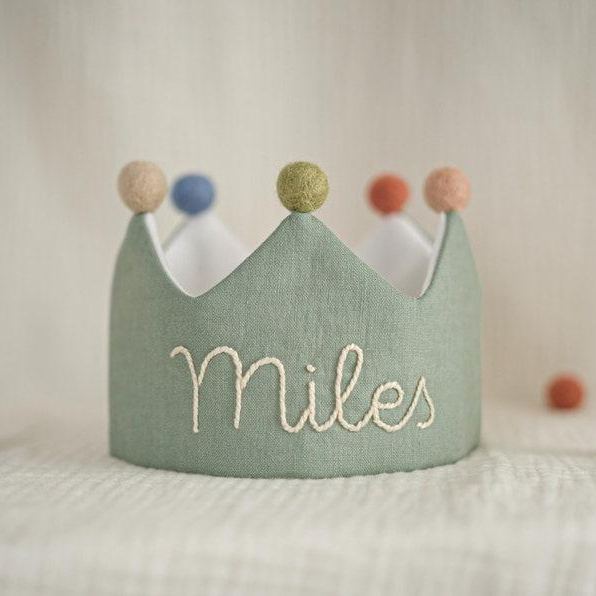 Hand Embroidered Linen Crown for Kids and Children's Birthdays, Personalized Gifts | Keepsake for First Birthday Party | Neutral Birthday