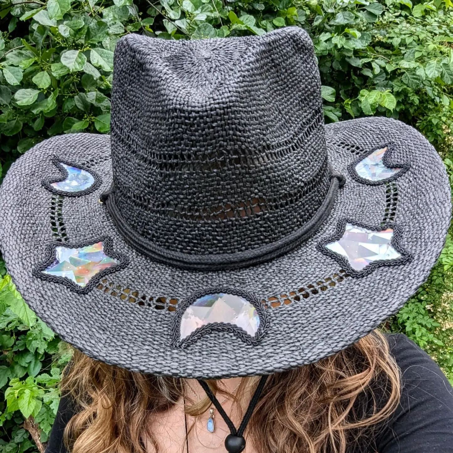 Celestial Suncatcher Cosmic Cowgirl Straw Prism Hat Cowboy Tan Beach Rainbow Moon and Stars, Choose Your Hat Band