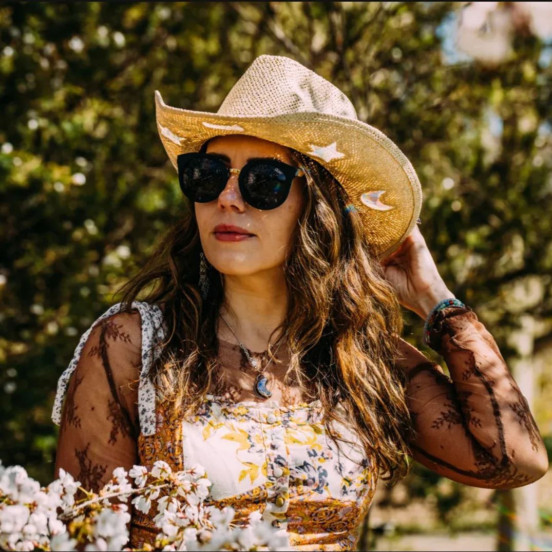 Celestial Suncatcher Cosmic Cowgirl Straw Prism Hat Cowboy Tan Beach Rainbow Moon and Stars, Choose Your Hat Band