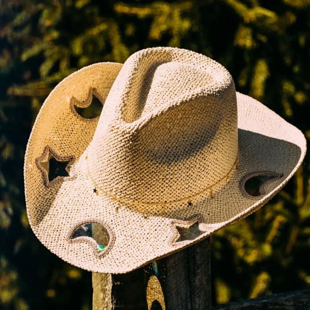 Celestial Suncatcher Cosmic Cowgirl Straw Prism Hat Cowboy Tan Beach Rainbow Moon and Stars, Choose Your Hat Band