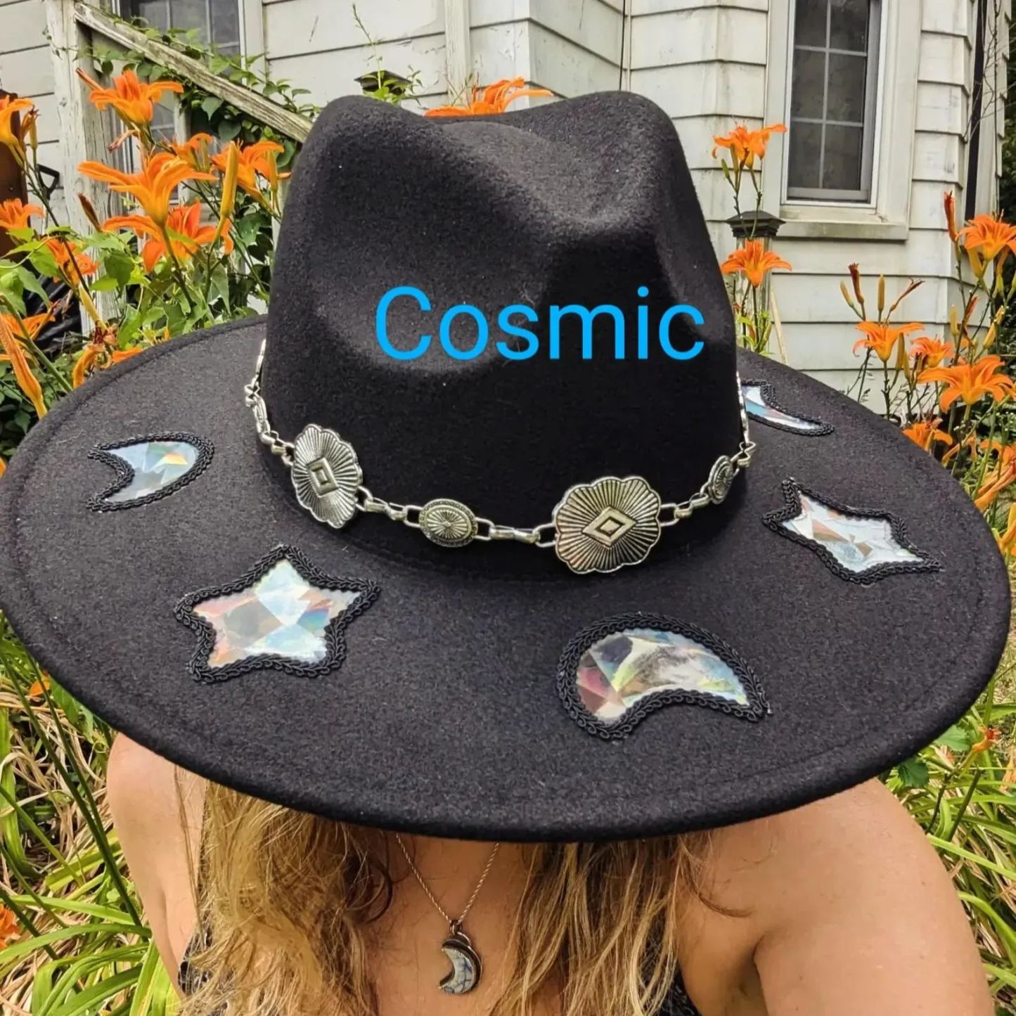 Celestial Suncatcher Cosmic Cowgirl Straw Prism Hat Cowboy Tan Beach Rainbow Moon and Stars, Choose Your Hat Band