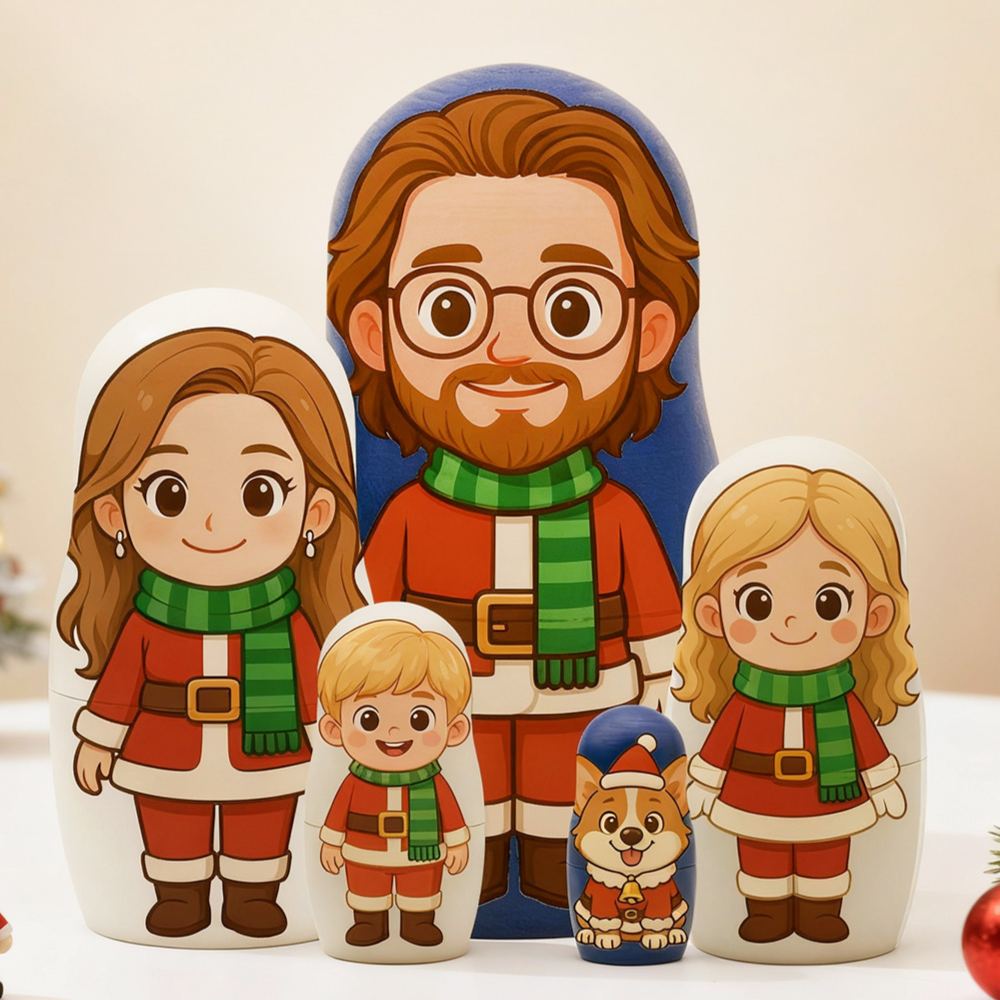Customized Head Portrait Nesting Dolls Christmas Costume Custom Photo Family Portrait Cartoon Style Gift Photo Christmas Gift