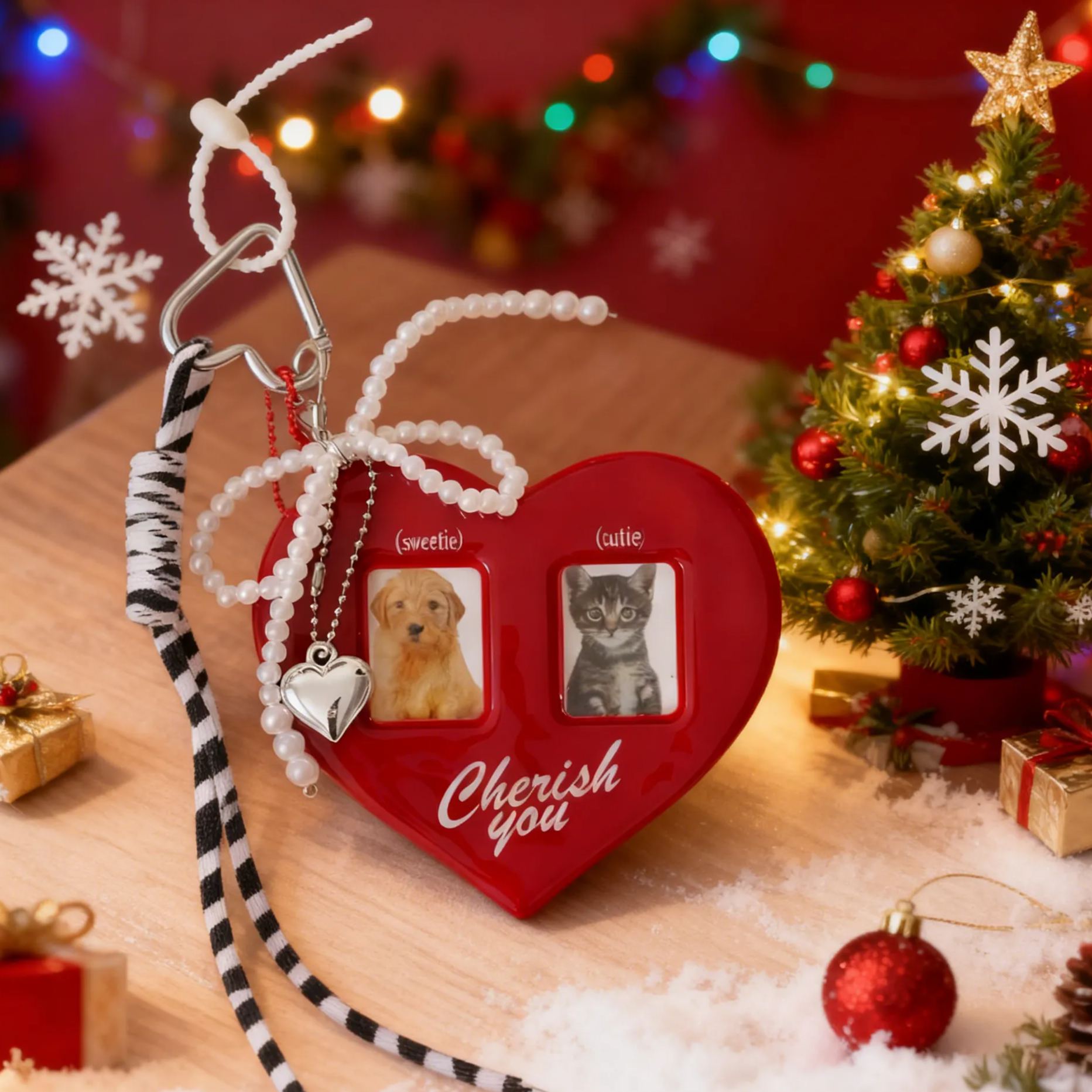 Custom Photo Heart Ornament - Double-Frame Christmas Keychain Charm