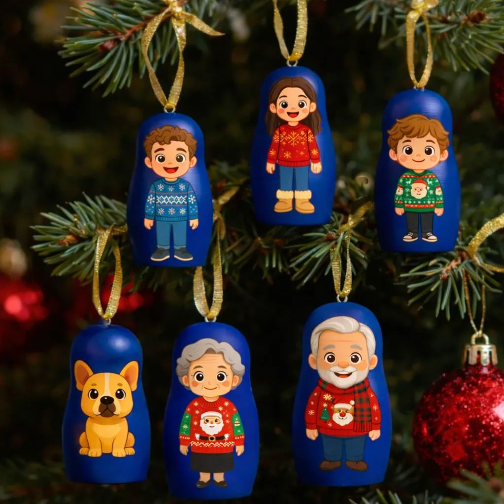 Personalized Cartoon Portrait Nesting Doll Christmas Ornament Custom Photo Mini Matryoshka Decoration Gift