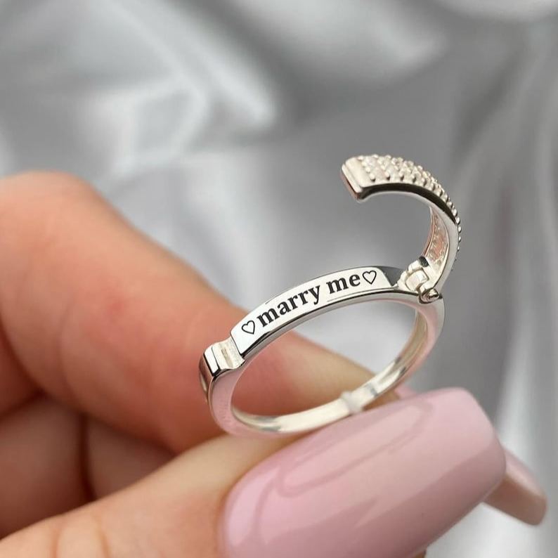 Engraved Secret Message Ring Hidden Marry Me Proposal Ring Sterling Silver Engagement Ring with Custom Inside Text