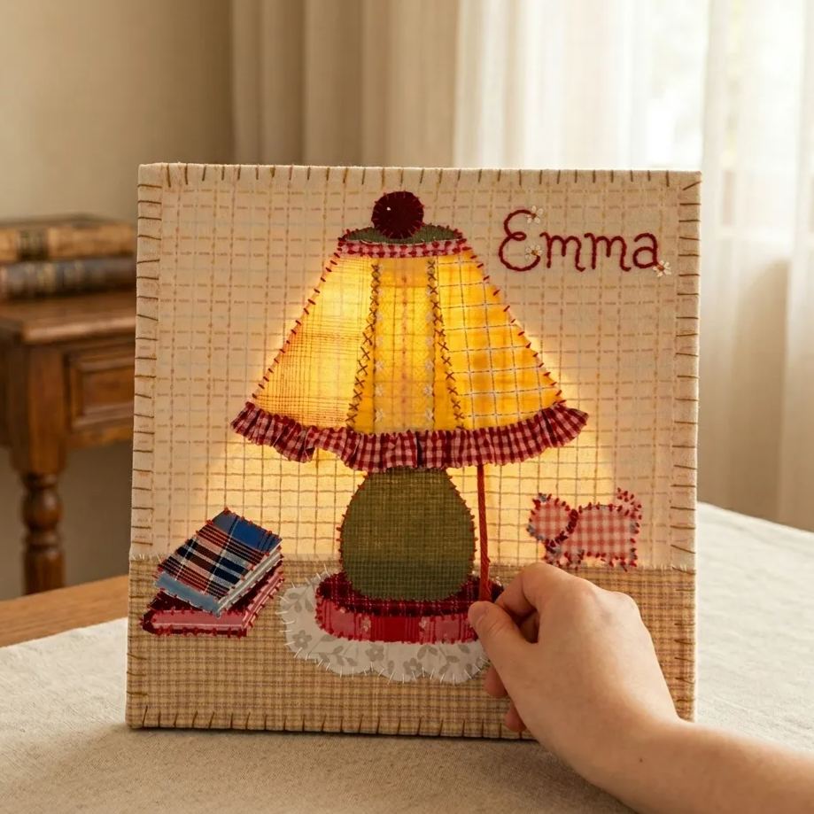 DIY Fabric Art Light-Up Frame Kit - Hand-Stitched Table Lamp & Cat Design All-In-One Craft Material Kit with Tutorial