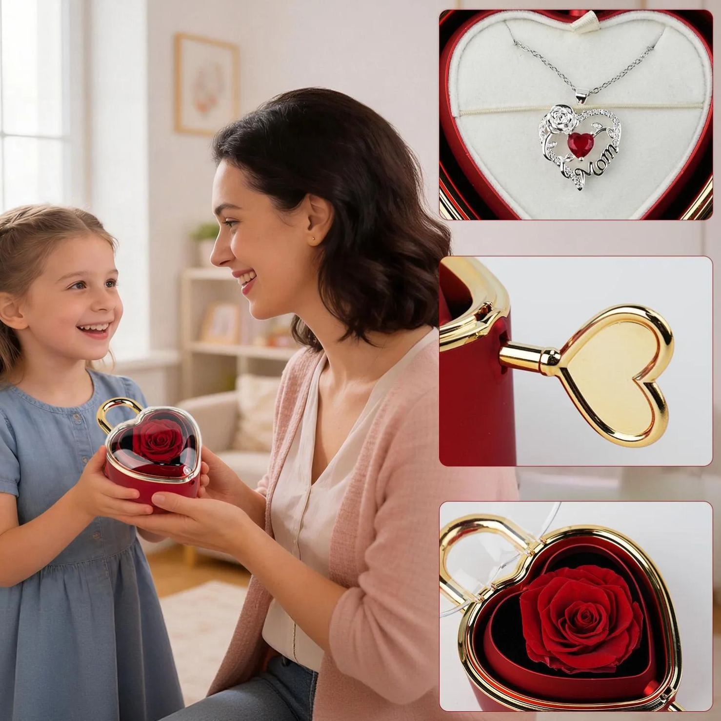 Real Rose Jewelry Box with Heart-Shaped Pendant Necklace Included, Romantic Gift for Mom, Grandma, Wife, Girlfriend, Daughter Mother's Day Gift