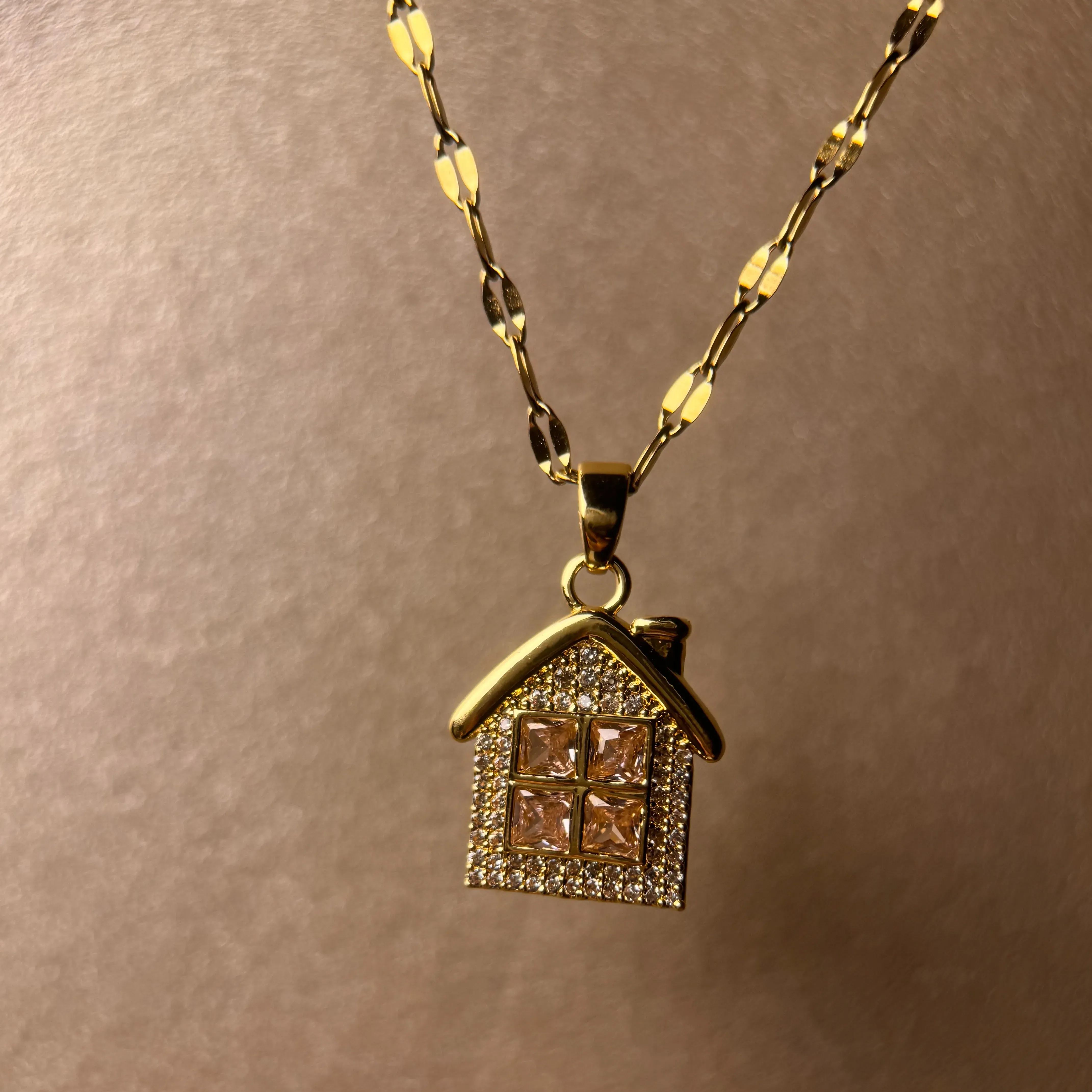 Tiny Gold House Pendant Necklace - Dainty Sparkling Cottage Charm Jewelry for Women - Minimalist New Home Gift
