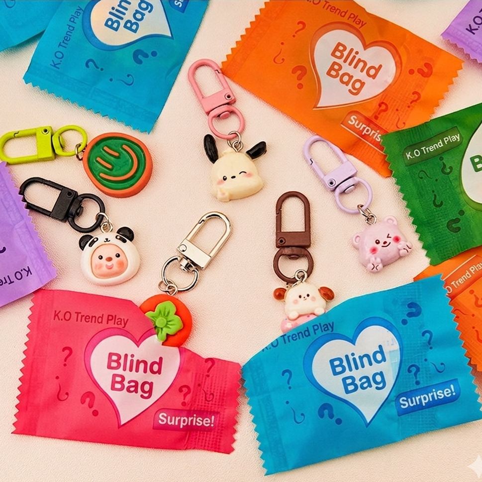 20PC Cute Cartoon Mystery Blind Bag Keychain | Random Resin Animal Fruit Charms for Backpack & Keys Gift