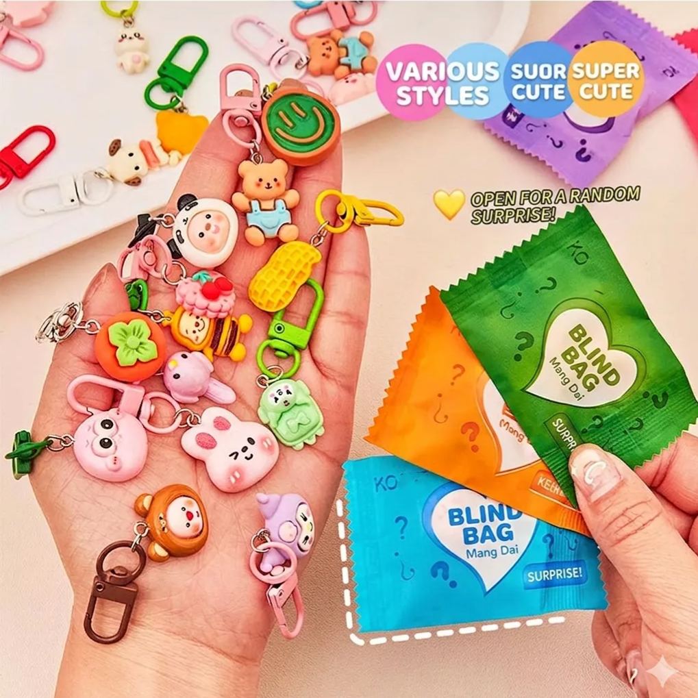 20PC Cute Cartoon Mystery Blind Bag Keychain | Random Resin Animal Fruit Charms for Backpack & Keys Gift