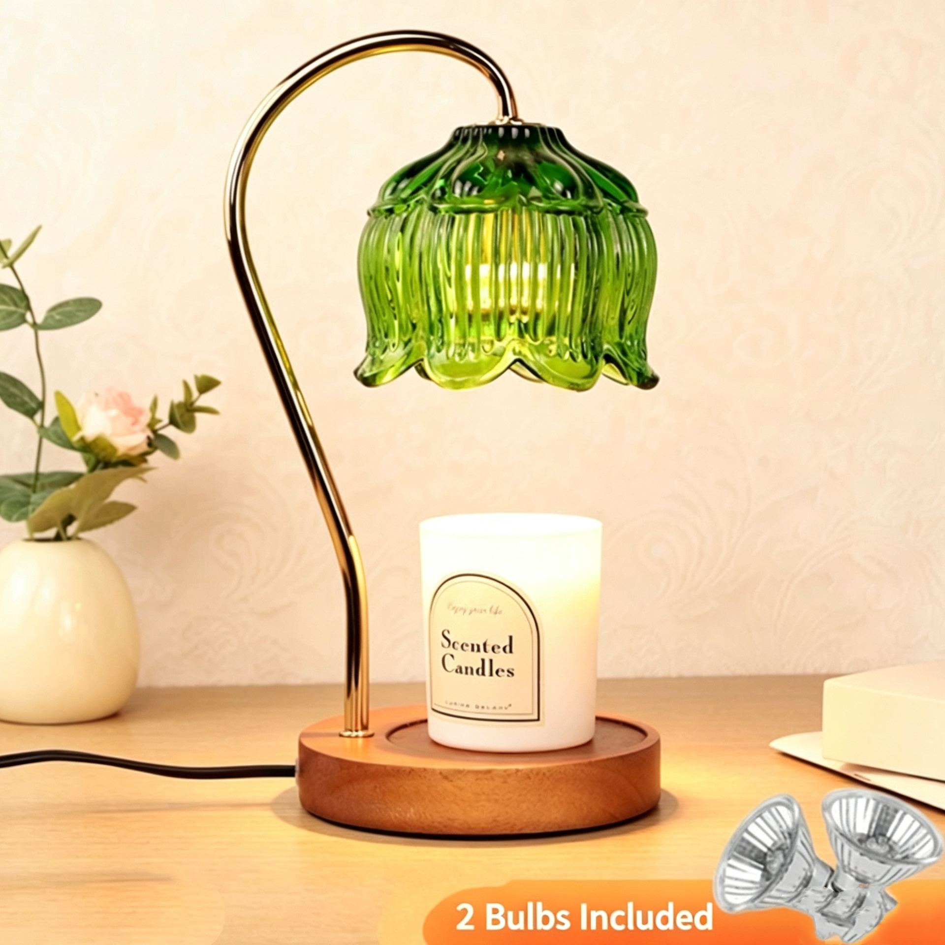 Electric Candle Warmer Lamp with Timer Vintage Green Glass Tulip Shade Dimmable Wax Melter Top-Down Scented Candle Melt Burner for Bedroom Home Decor 商品缩略图