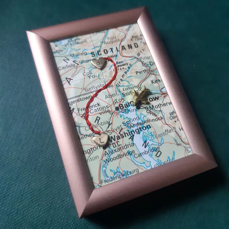 Long Distance Map Frame, String of Fate Gift Fridge Magnet Anniversary gift