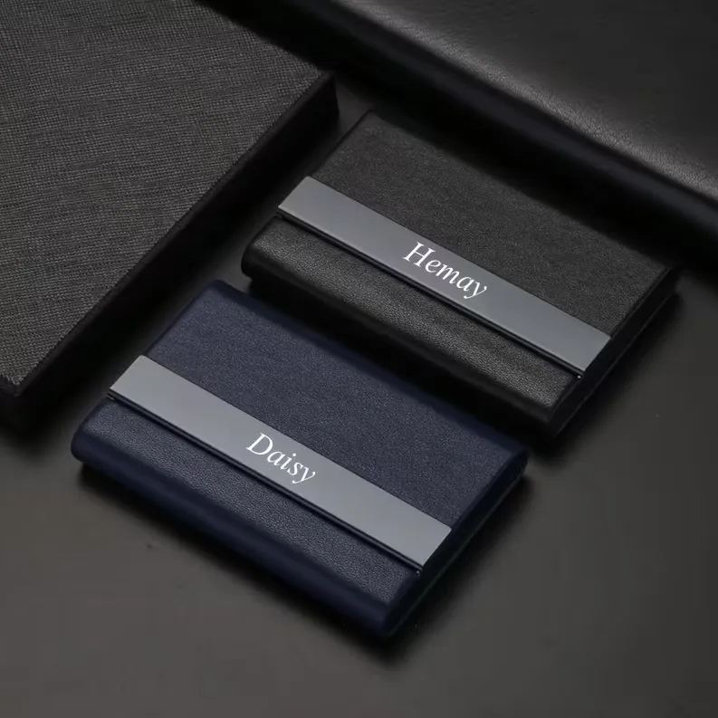 A Customizable Text Leather Stainless Steel Business Card Holder with a Comfortable Grip, Magnetic Flap And Sleek Modern Design That Is Durable And Stylish for Office Or Professional Use