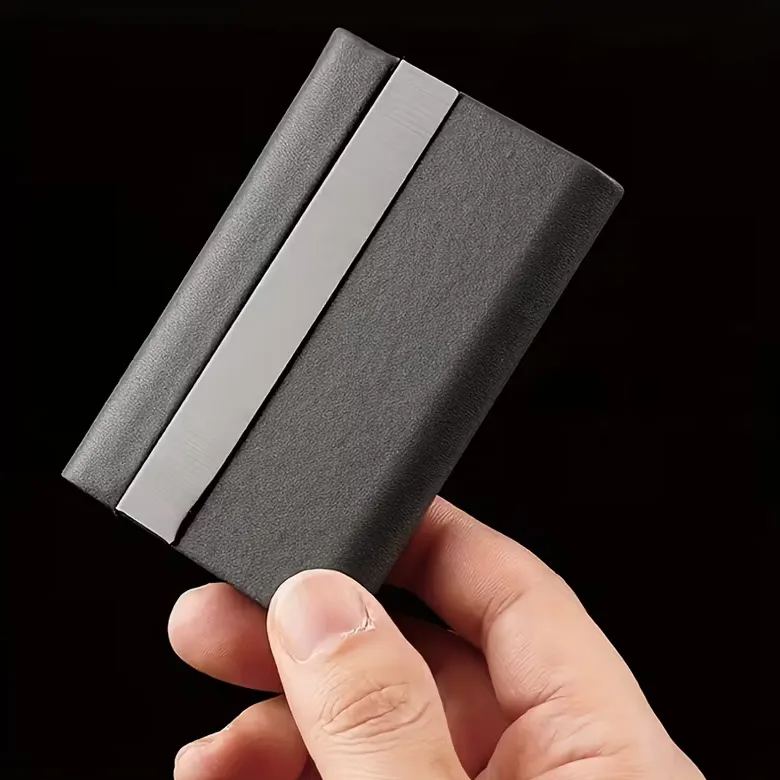 A Customizable Text Leather Stainless Steel Business Card Holder with a Comfortable Grip, Magnetic Flap And Sleek Modern Design That Is Durable And Stylish for Office Or Professional Use