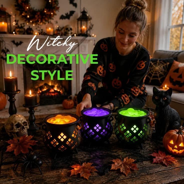 3D Printed Glowing Witch Cauldron Tealight Holder Halloween Bubbling Potion Cauldron Night Light LED Candle Lantern Spooky Table Centerpiece & Gothic Home Decor