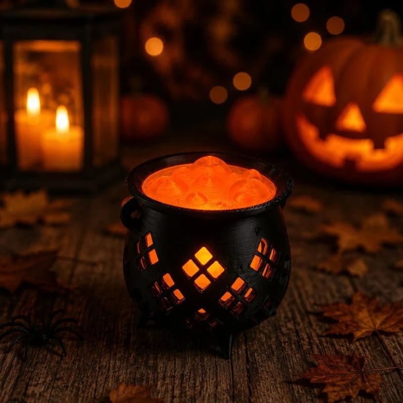 3D Printed Glowing Witch Cauldron Tealight Holder Halloween Bubbling Potion Cauldron Night Light LED Candle Lantern Spooky Table Centerpiece &amp; Gothic Home Decor