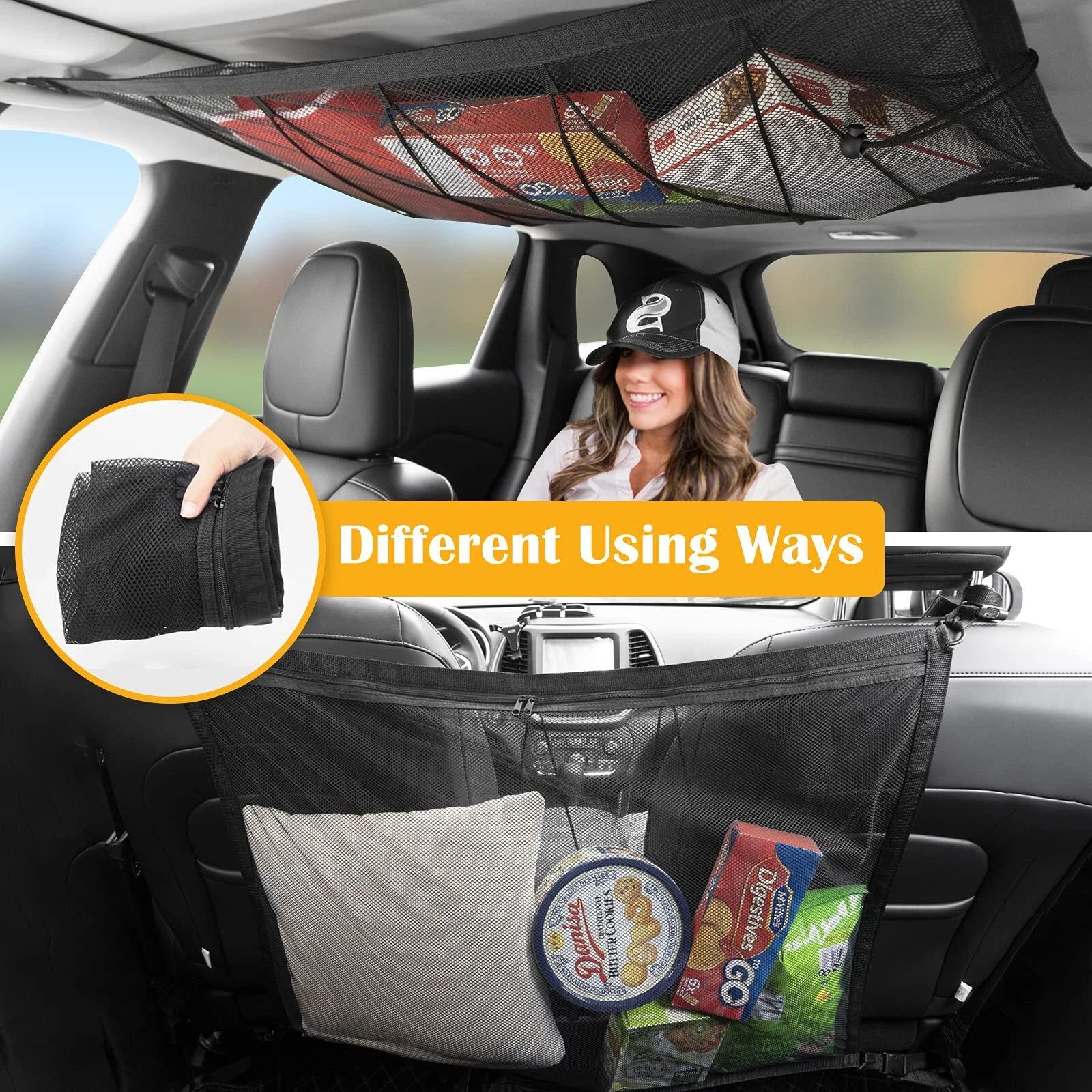 Car Ceiling Cargo Net, Car Ceiling Cargo Net Pocket, Double-Layer Mesh Car Roof Storage Organizer,Truck SUV Travel Long Road Trip Camping Interior Accessories
