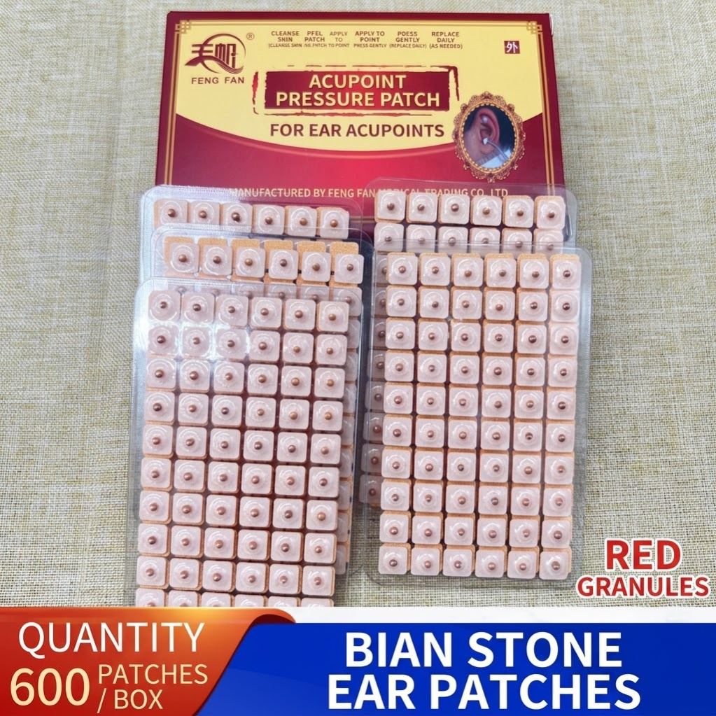 600 PCS Red Bianstone Ear Seeds Acupressure Patches Natural Red Bian Stone Auricular Press Beads Breathable Skin-Color Adhesive Tapes Wellness Massage Care Tool