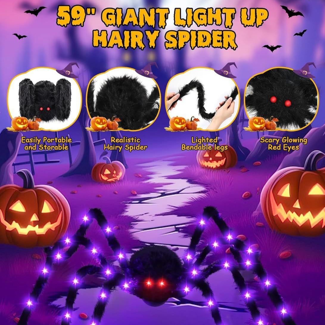 Lighted Halloween Triangular Spider Web with Giant Hairy Spider LED Purple Orange Glowing Web Outdoor Yard Decor Giant Plush Spider Haunted House Prop