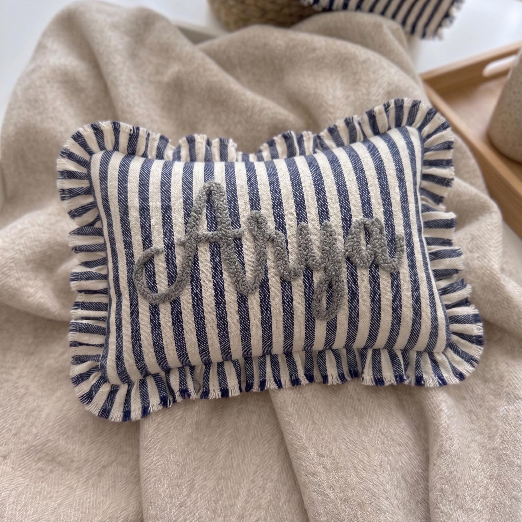 Personalized Striped Ruffled Punch Needle Throw Pillow: Embroidered Name Baby Gift for Nursery